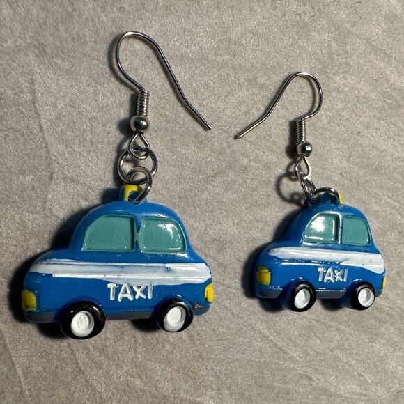 Whimsical Blue Taxi Car Earrings – Fun & Playful Statement Jewelry - Picture 11 of 17